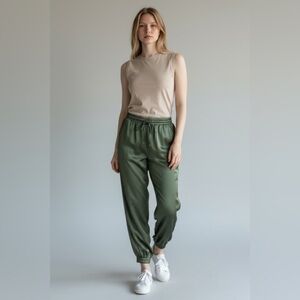 Emery Rose Olive Green Satin Jogger Pants Size M Drawstring Waist Pockets